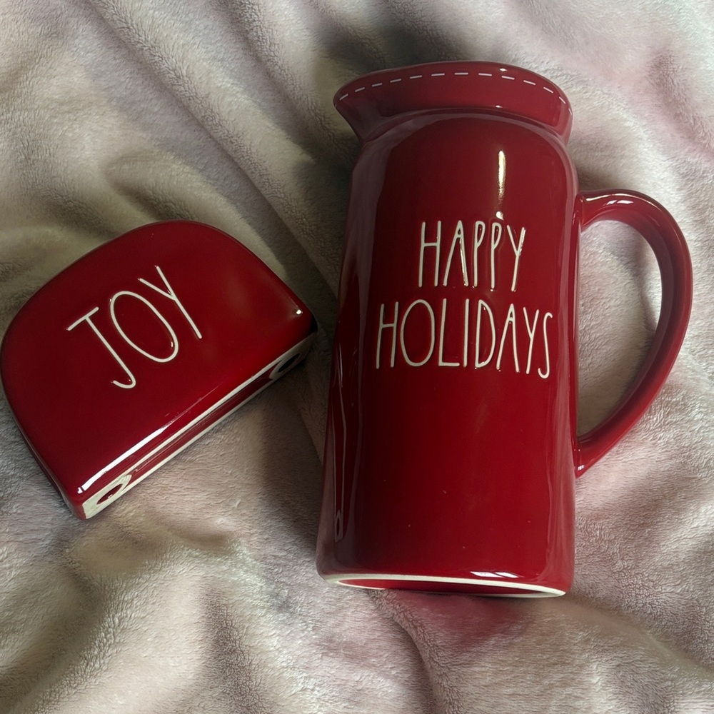 Rae Dunn Red Holiday Pitcher and Tissue Holder Set